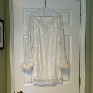 Lulus marvelous energy white sequin mesh long sleeve midi dress